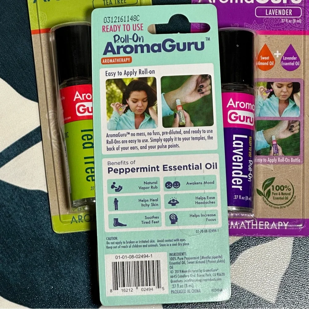 NEW AROMA GURU 3 Roll on Tea Tree Oil Lavender Peppermint Essential Oil